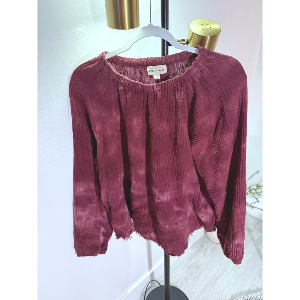 Cloth & Stone blouse tie‎ die LG maroon tie dye raw hem flared gauze cotton EUC
